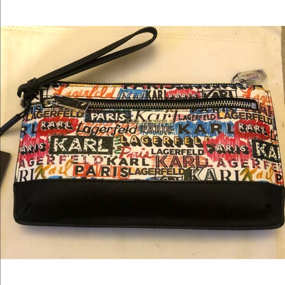 Karl Lagerfeld Faux Leather White,Black & Rainbow Scribble Wristlet NWT - Picture 6 of 10